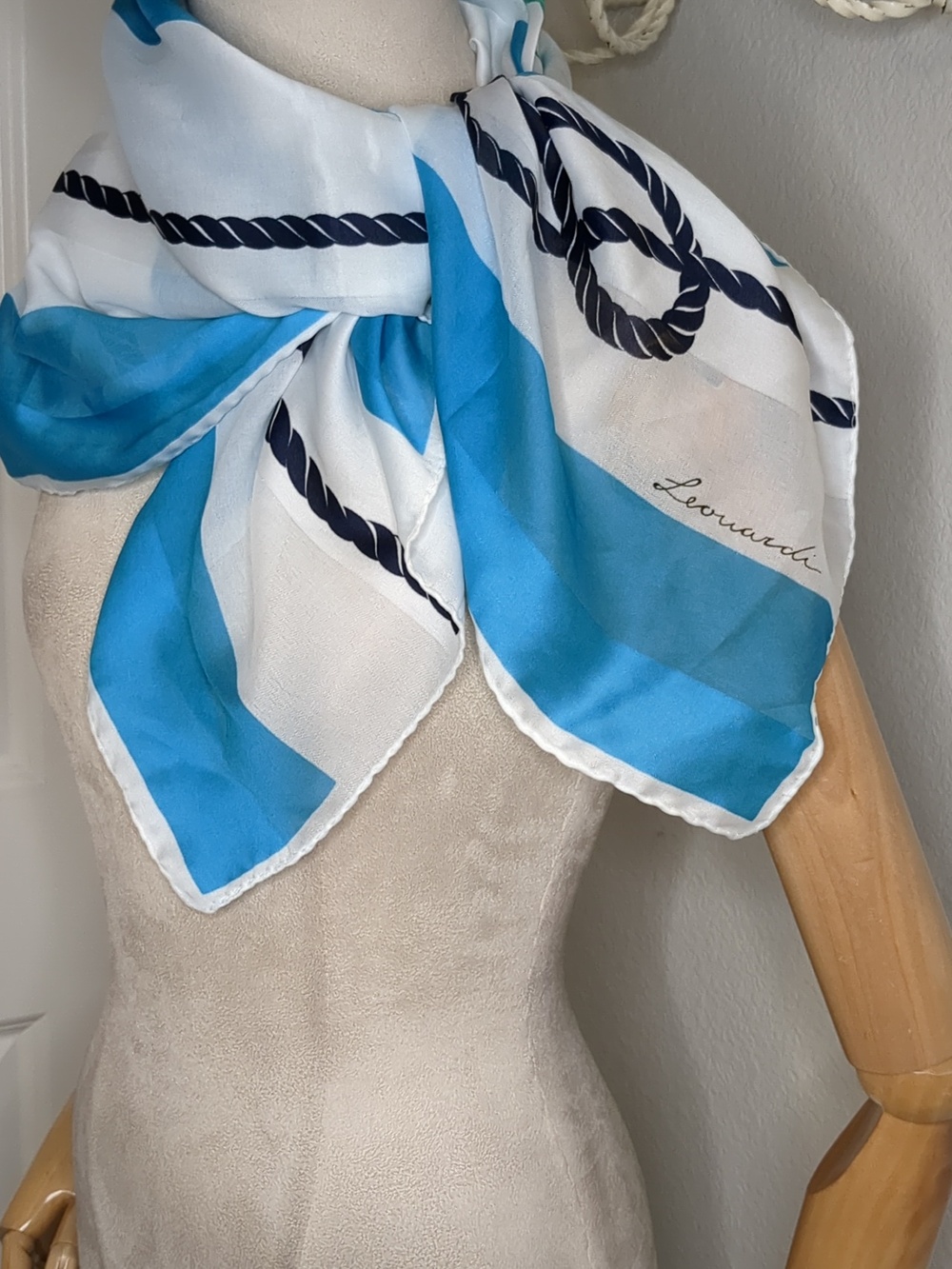 Vintage 80s Carola Leonardi Nautical Scarf Blue White Coastal Grandma Italy 30"